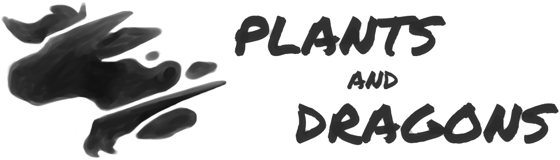 A logo of an ink splotch taking the shape of a dragon with the text 'Plants and Dragons'